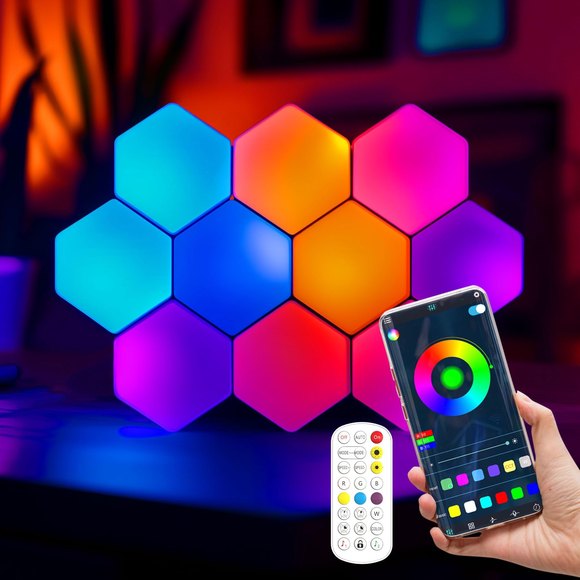 10 x RGB LED Hexagon Light Panels, Smart Modular Gaming Lights, Creative Wall Lights with App, Honeycomb Shape Panels, Hexagonal Lights with Sync