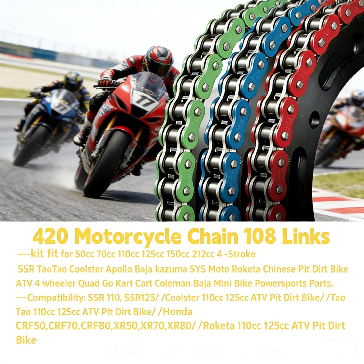 DREAM MOTION Motorcycle 420 Chain 108 Links Anti-Rust Standard Drive Chain Powersports Parts for Honda Kawasaki Yamaha 125cc ~ 250cc SSR YCF KAYO ATV All-Road Dirt Pit Bike Accessories,Yellow