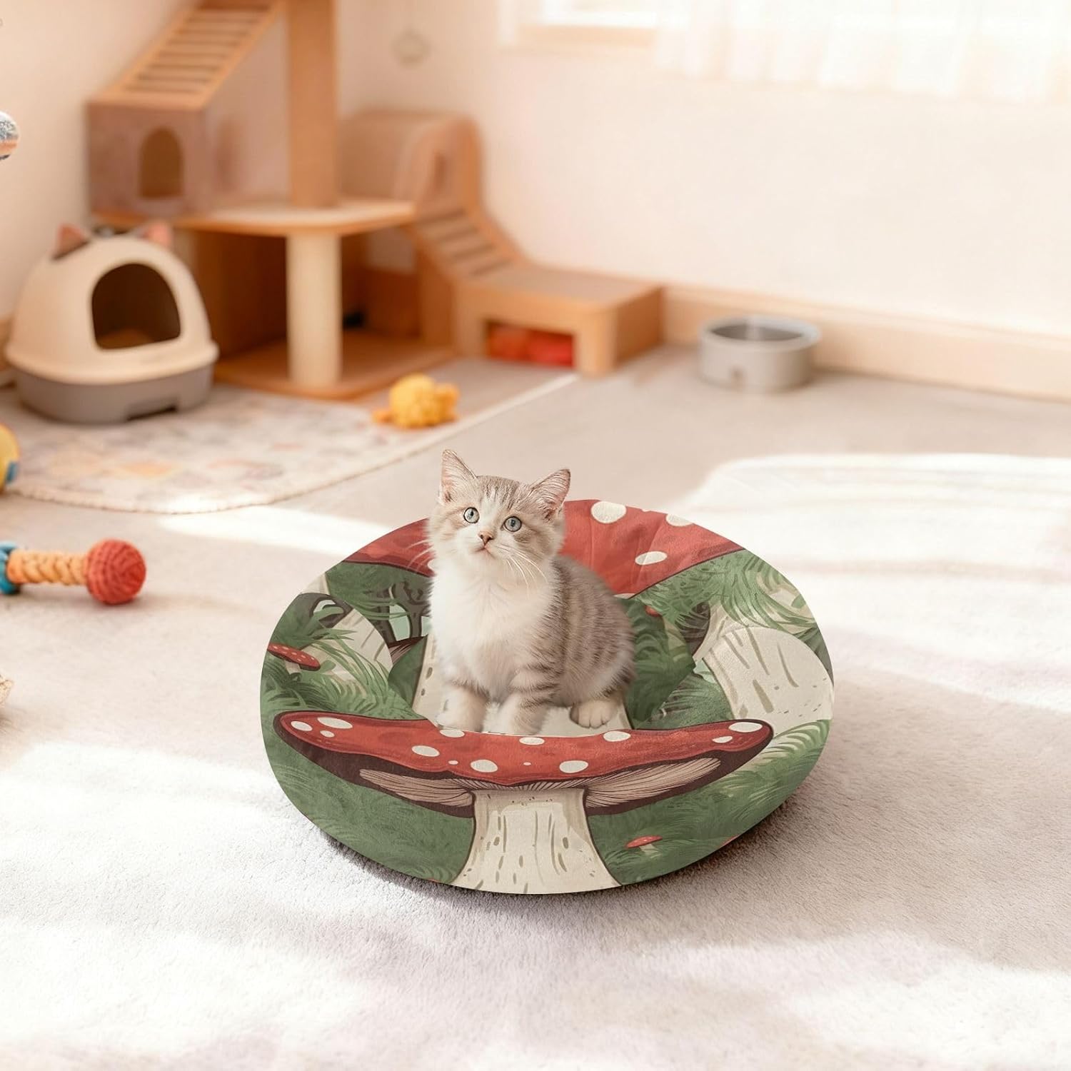 Dog Bed Ultra Soft Fluffy Comfortable Cat Bed, Forest Mushroom Washable Dog Beds Anti-Slip Round Pet Beds for Medium Dogs
