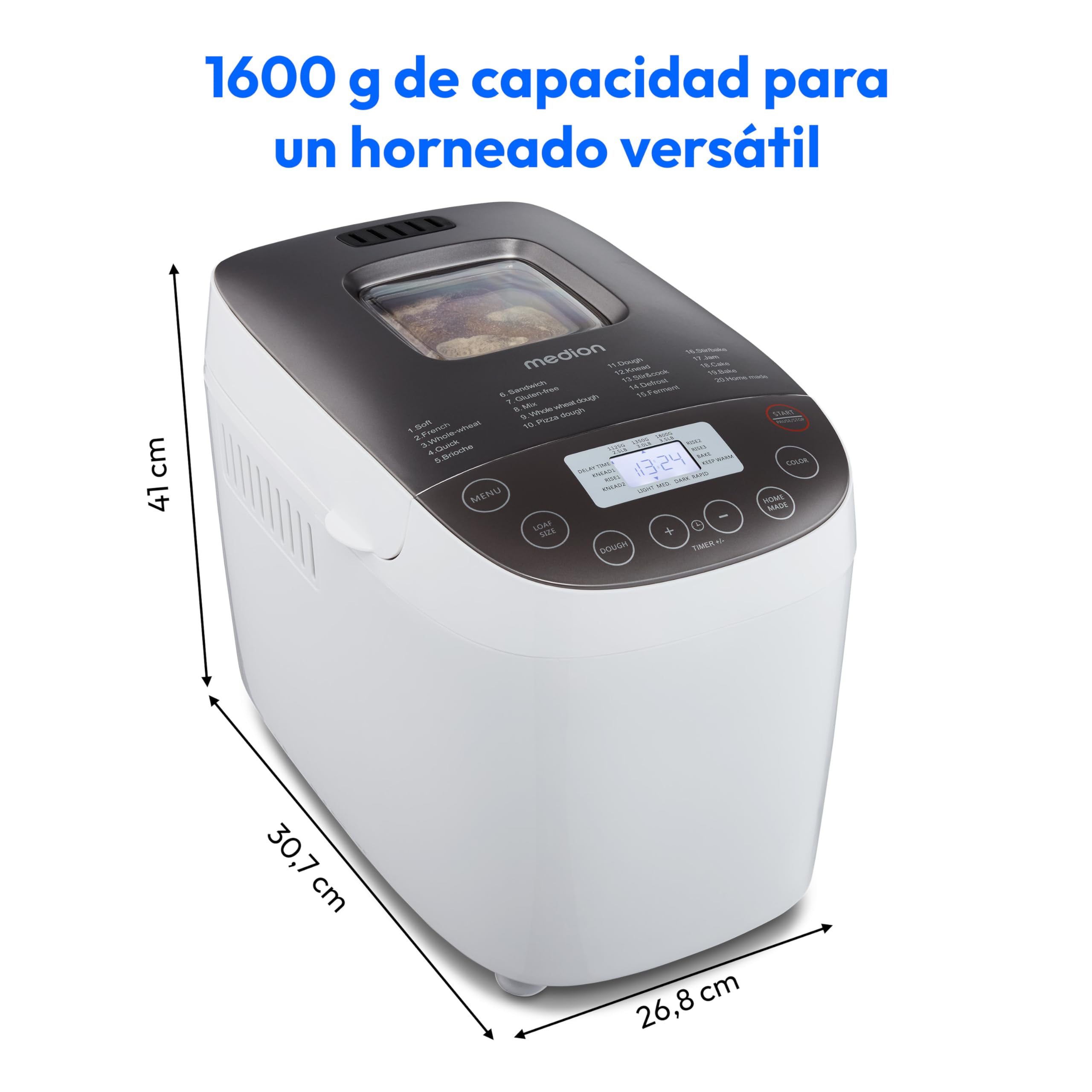 MEDION Panificadora (panificadora, 950 vatios, hasta 1600 g, 20 programas de horneado, 3 niveles de dorado, función mantener caliente, ventana de visualización, preajuste de tiempo, MD 12040)