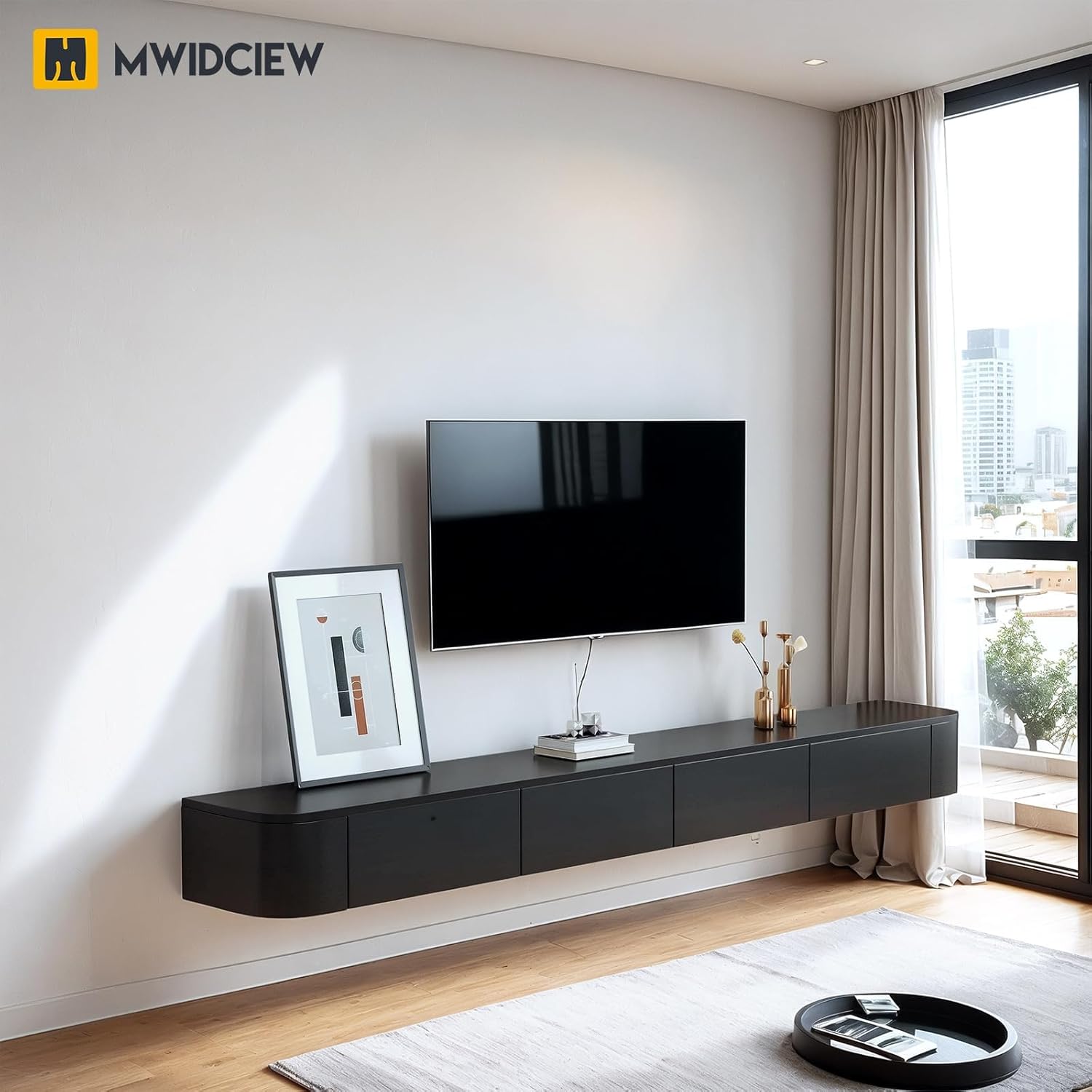 Pre-Assembled 94" Floating TV Stand with Flip-Down Doors & Drawers, Modern Floating TV Shelf for Under TVs Up to 90", Wall-Mounted Entertainment Center for Living Room, Bedroom, Black
