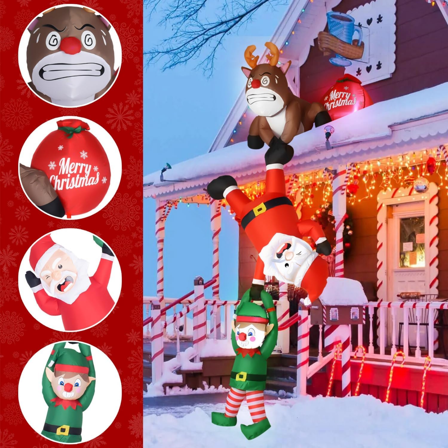 Rocinha 8FT Hanging Christmas Inflatable Outdoor Decoration, Christmas Inflatables Reindeer Pulling Climbing Santa and Falling Elf, Blow Up Christmas Decorations Outdoor Hanging Xmas Decorations