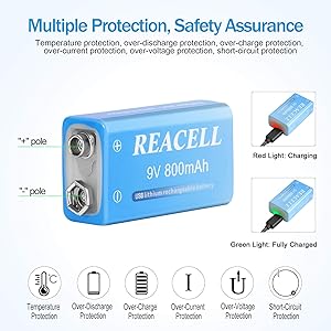 REACELL 2 Packs Rechargeable 9V Lithium Batteries, 9 Volt Batteries for Smoke Detector, 800mAh 9V USB Charging for Microphones, Walkie-Talkie and Toys