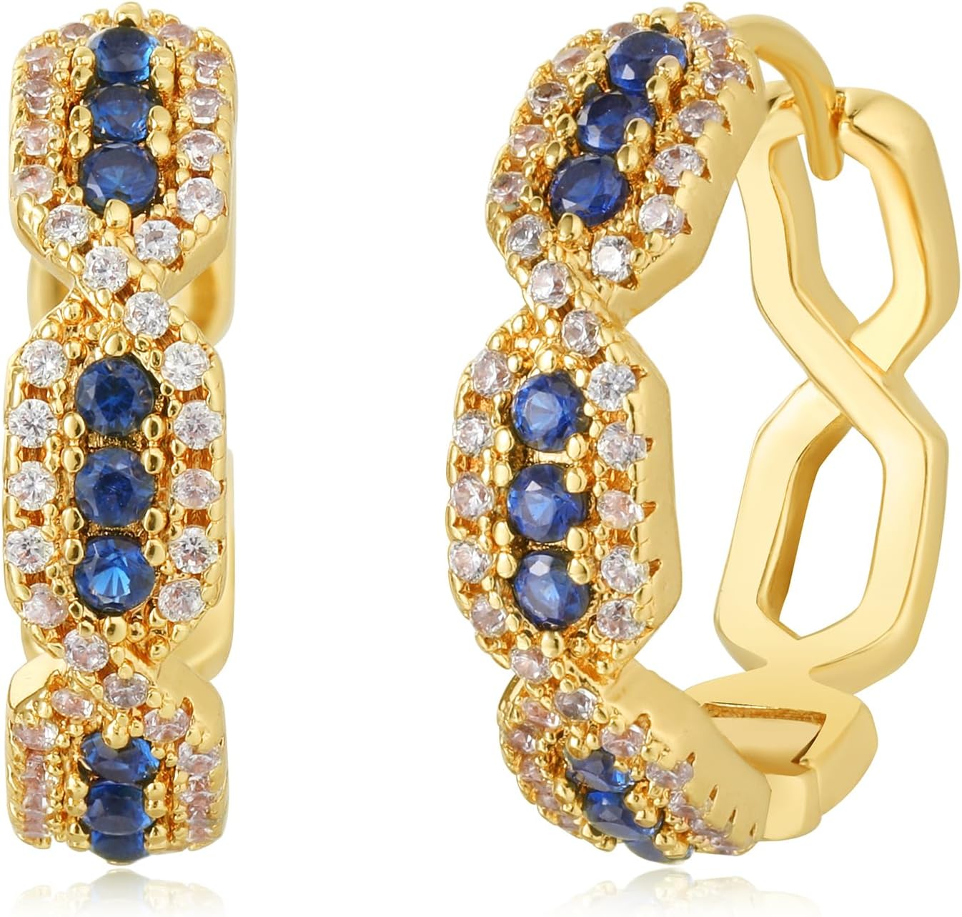 BENEIGE Gold Hoop Earrings for Women 14K Gold Plated Dainty Shield Blue Huggie Hoop Earrings with Cubic Zircon Simple Sleeper Earrings Jewelry for Women