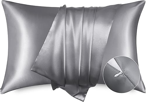 Bedsure Funda de almohada de satén para el cabello, fundas de almohada de satén, tamaño king con cremallera, 20 x 36 pulgadas, paquete de 2, gris