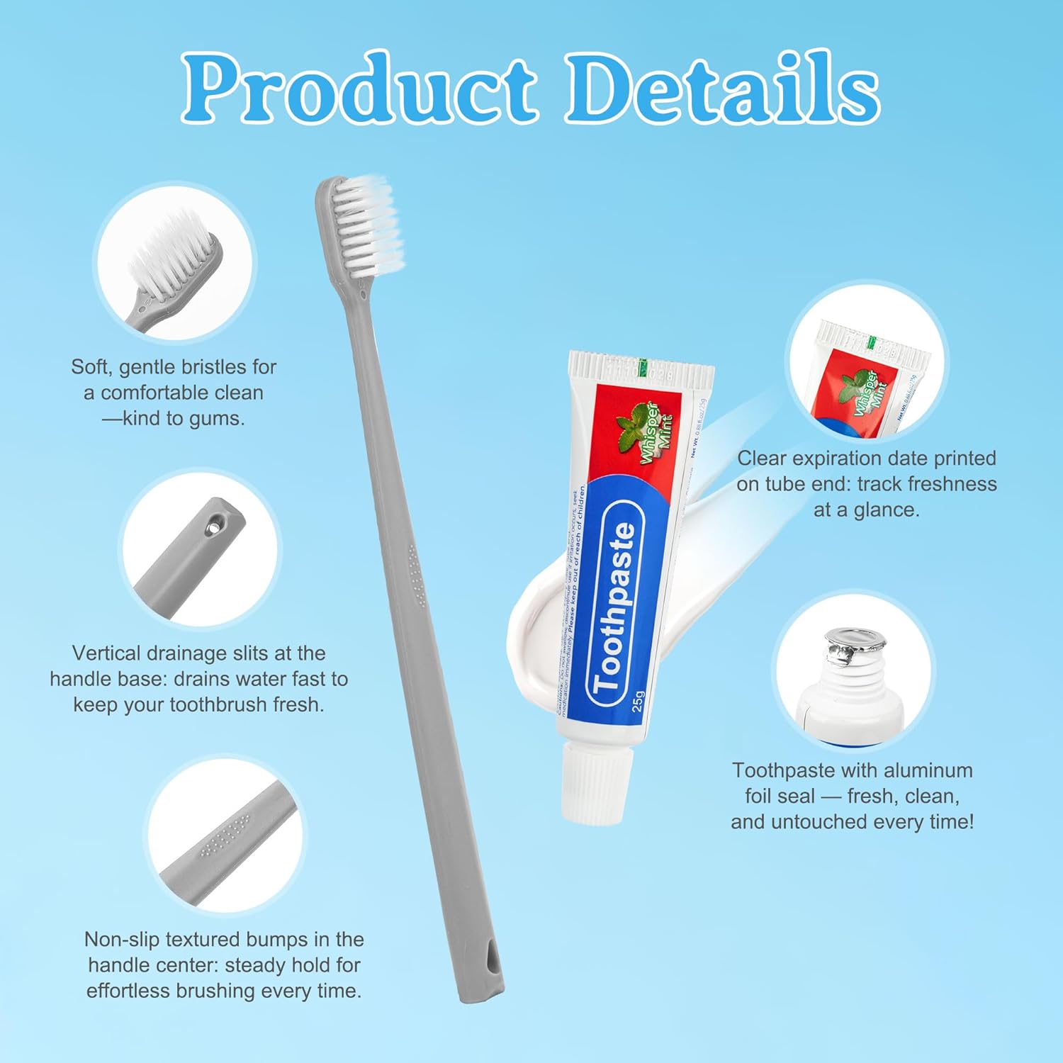 Travel Toothbrush Kit Includes Travel Toothbrushes, 25g Travel Toothpaste, 5 Floss Picks, Storage Case, Individually Packaged, Suitable for Home, Travel, and Hotel Use (20-Pack)