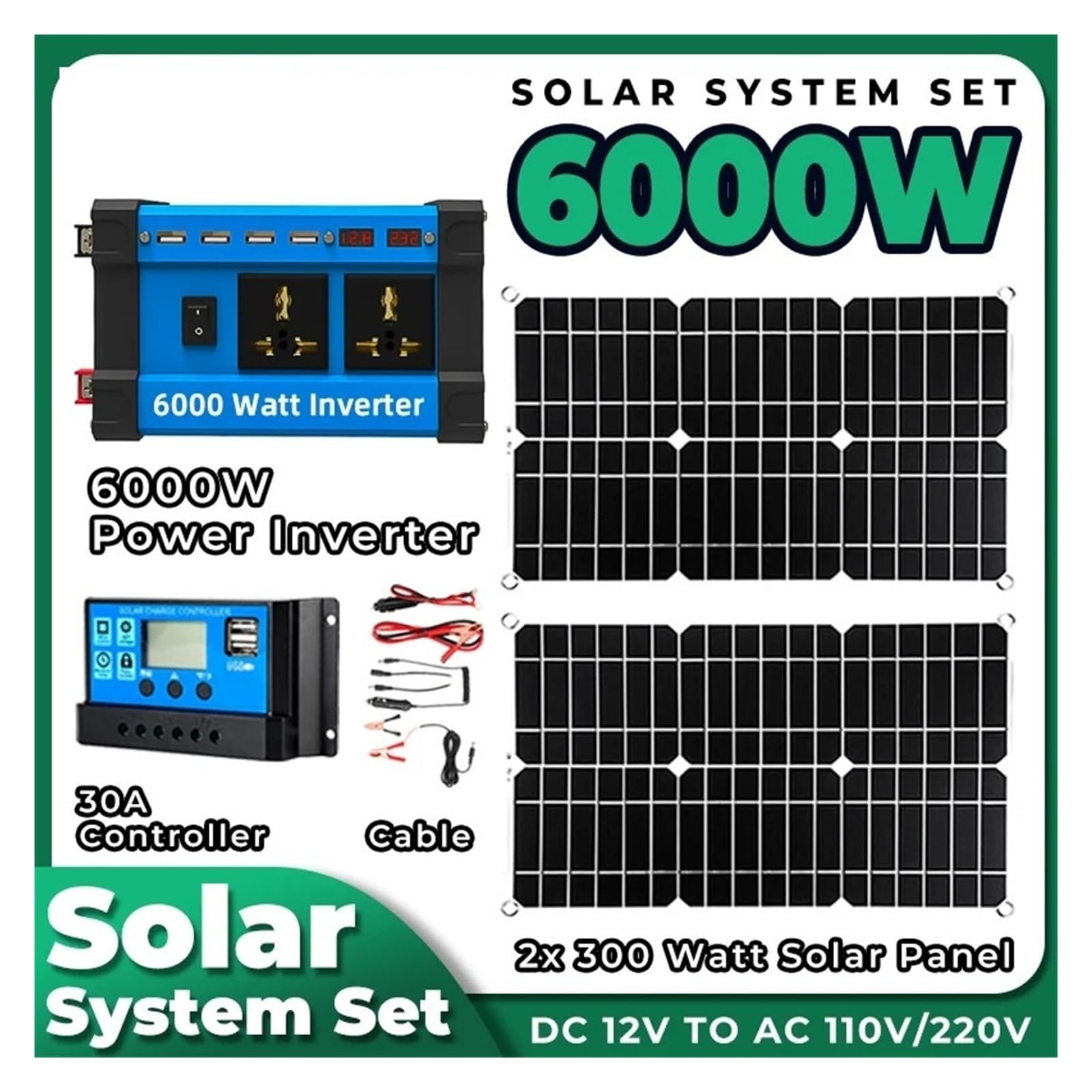 Inversor Potencia Kit Solar 6000W Inversor Energía Generador Completo 12V Panel 18V Controlador Carga 30 A Juego para Acampar Convertidor