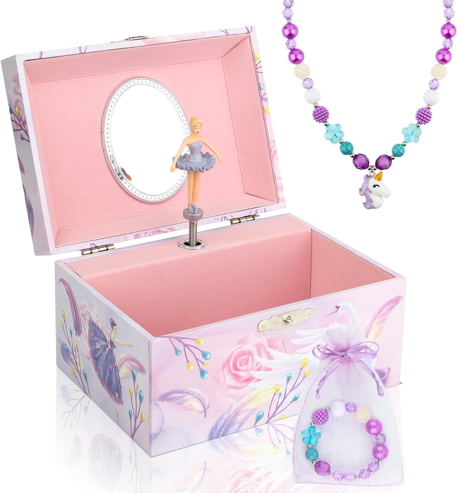 Girls' Musical Jewelry Box Organizer with Jewelry Set - Pink Purple Spinning Ballerina Theme, Swan Lake Tune - Jewelry Storage and Music Box for Girls
