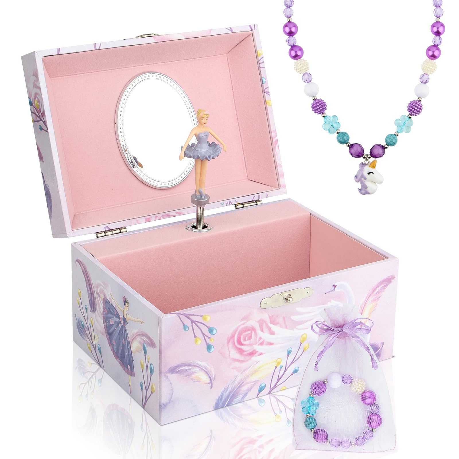 Taduoduo Girls' Musical Jewelry Box Organizer with Jewelry Set - Pink Purple Spinning Ballerina Theme, Swan Lake Tune - Jewelry Storage and Music Box for Girls