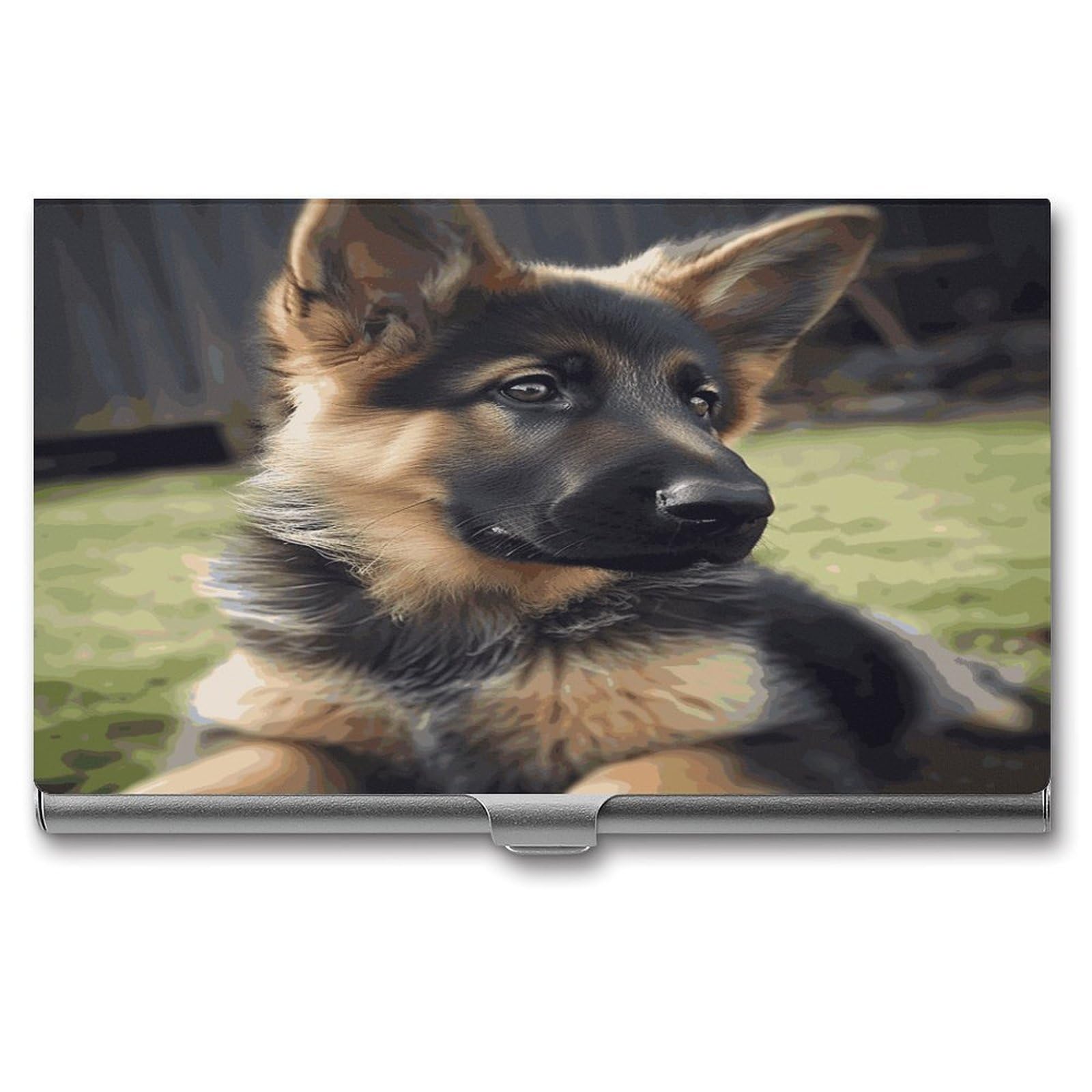 Lzqpoeas Men's Style German Shepherd Puppy Business Card Holder Aluminum Alloy Flip Cover Slim Name Cards Case Lightweight Business Name Card Holder Case Portable Purse Name Cards Holder