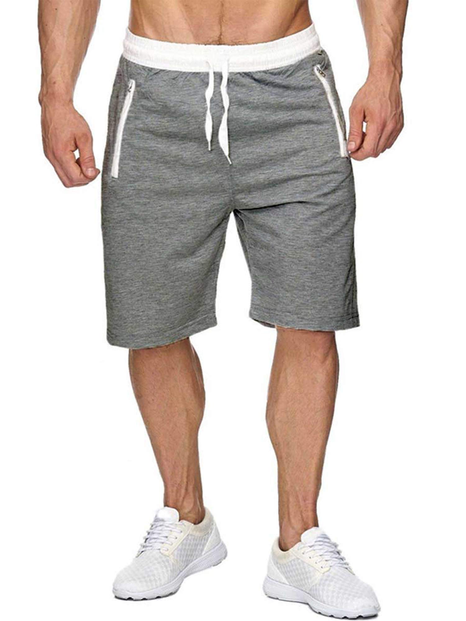 Mens Elastic Waist Drawstring Joggers Sweat Short Pants Summer Workout Shorts with Zipper Pockets