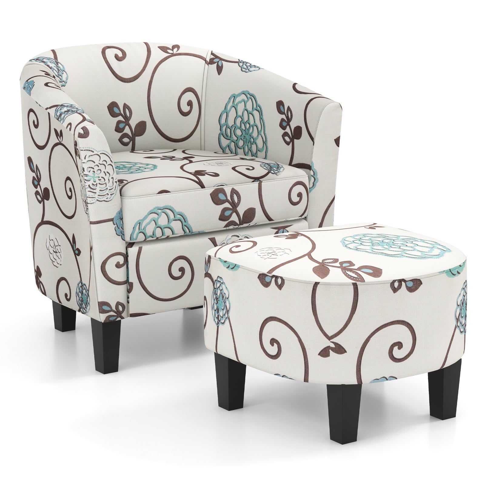 DORTALA Accent Chair with Ottoman, Modern Upholstered Barrel Chair Set w/Solid Wood Legs, Linen Fabric Armchair w/U-Shaped Back and Deep Seat, Ideal