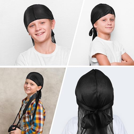 4Pcs Premium Durag Pack for Men Kids Silky Durag with Wave Caps Set Long Tail Wide Strap Headwraps Turban Beanies Satin Doo Rag Soft Elastic Dorag Deluxe Du-rag Over Durag for Boy Girl Hip-hop Decor