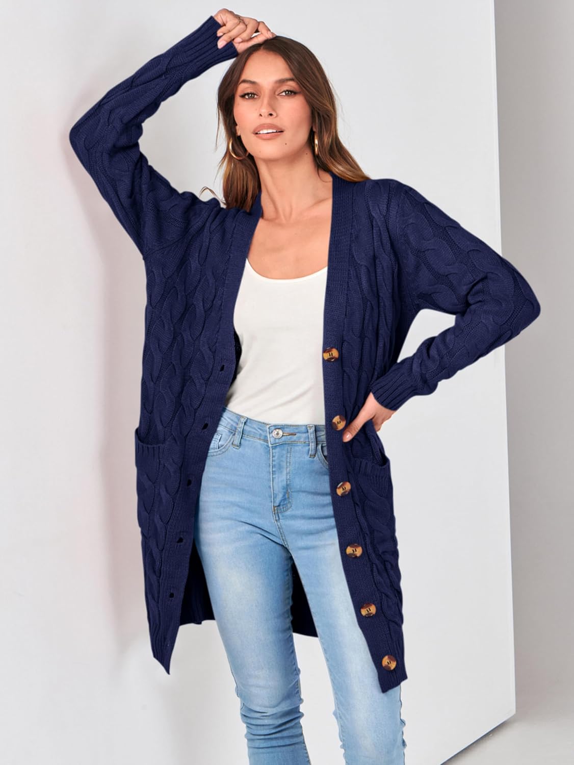 PRETTYGARDEN Long Sleeve Cable Knit Long Cardigan for Women 2026 Spring Winter Chunky Open Front Button Sweaters with Pockets - Image 3