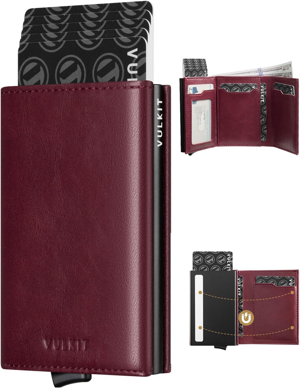 VULKIT Credit Card Holder with Banknote Compartment RFID Blocking Pop up Leather Card Wallet with ID Window(Wine)