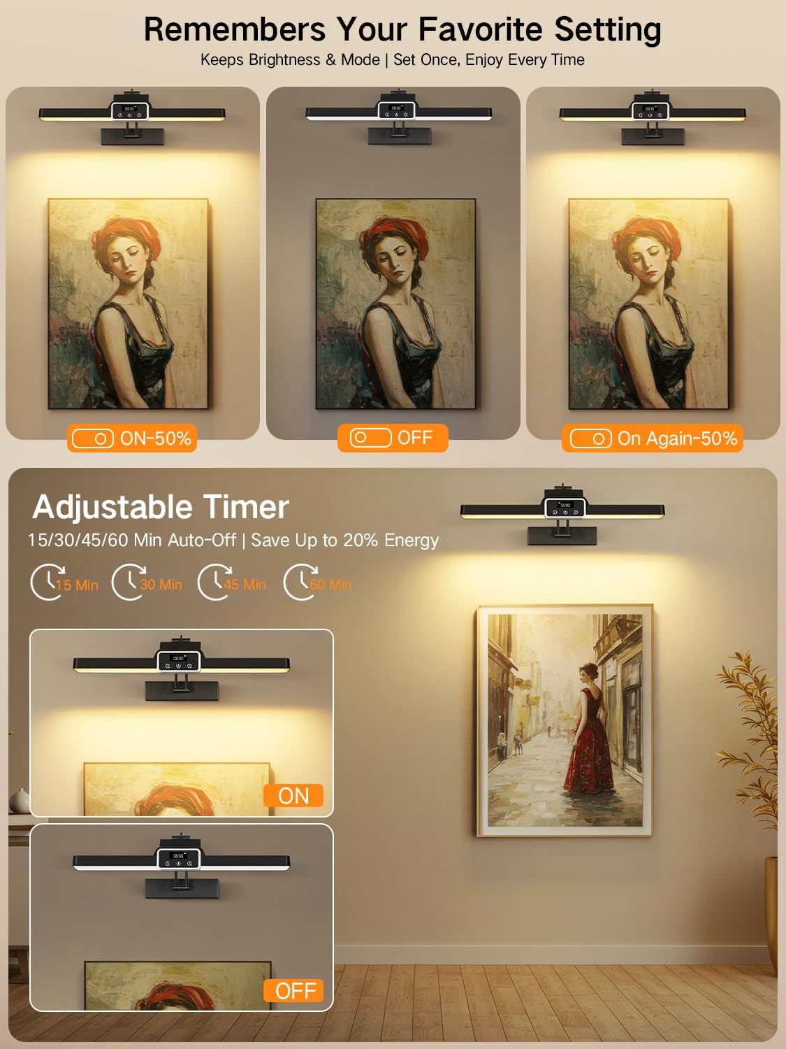 OUTON Rechargeable Picture Light with Remote & Touch, 15.7" Magnetic, Battery Operated, 3 Color Temperatures Dimmable, Clock, Timer, Memory, Power Indicator, Wireless Art Light for Wall, Black-2Pack