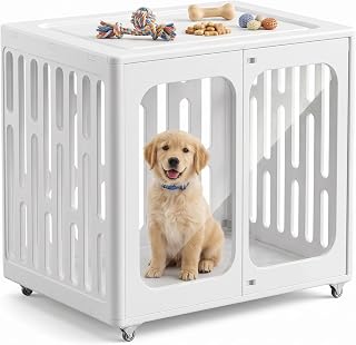 Plastic Dog Crate with Wheels, Rolling Dog Kennel with Clear Acrylic Window, Single Door Indoor Outdoor Pet Cage, Ventilated Easy to Clean, Hard-Sided Dog Crate
