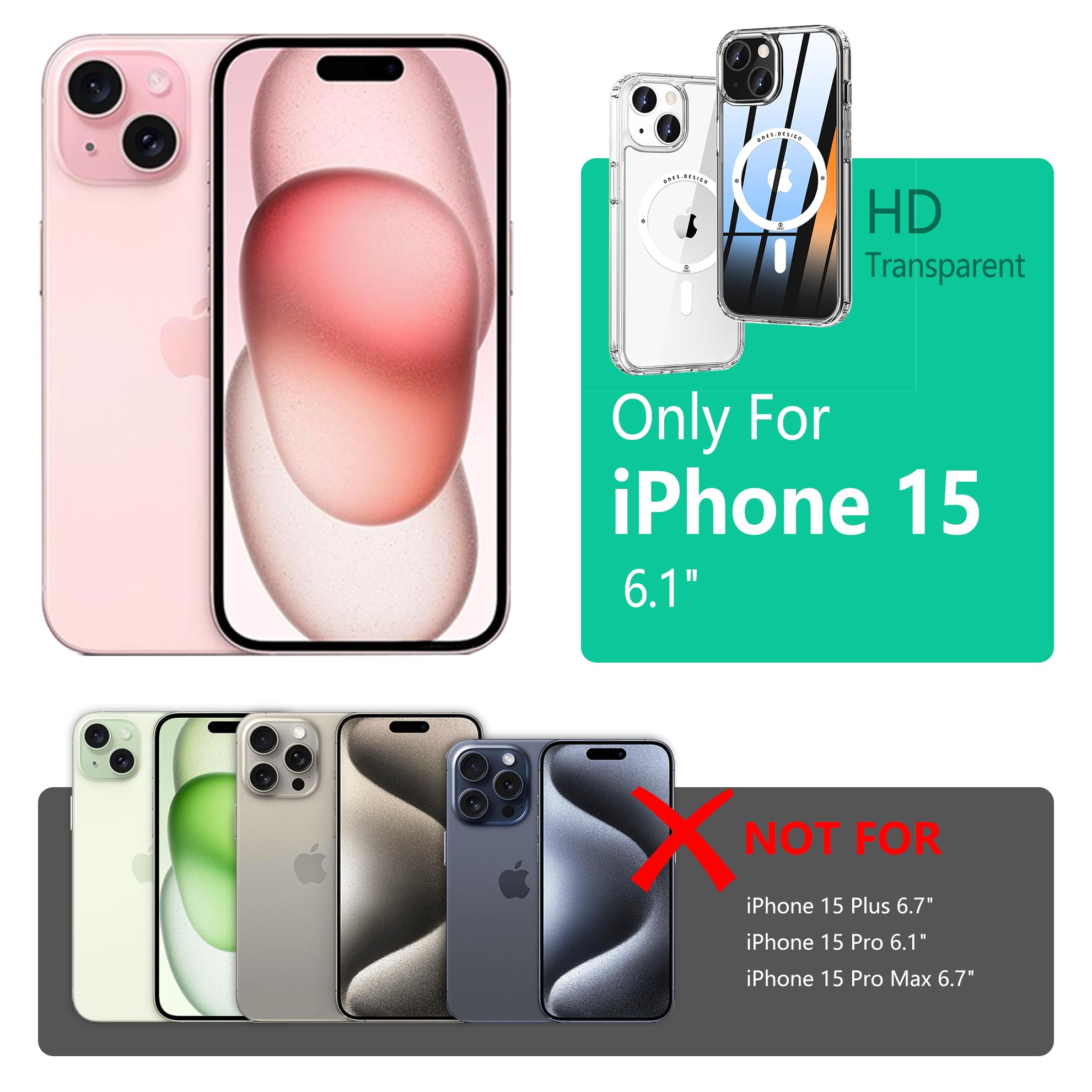 Ones Cover magnetica rigida ibrida compatibile con iPhone 15 Custodia MagSafe, protezione di livello militare, airbag antiurto, ricarica wireless Qi, copertura in silicone antigiallo, trasparente