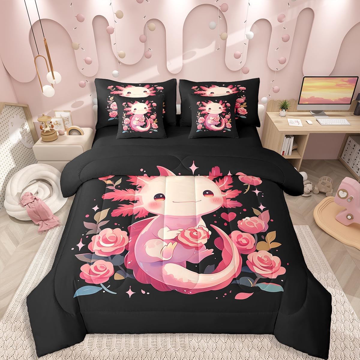 Erosebridal Kids Kawaii Axolotl Twin Bed in A Bag 7-Piece Pink Rose Flowers Decor Comforter Set,Cartoon Salamander Cute Bedding Sets for Girls Ocean Animals Sealife Fitted Sheet，Black