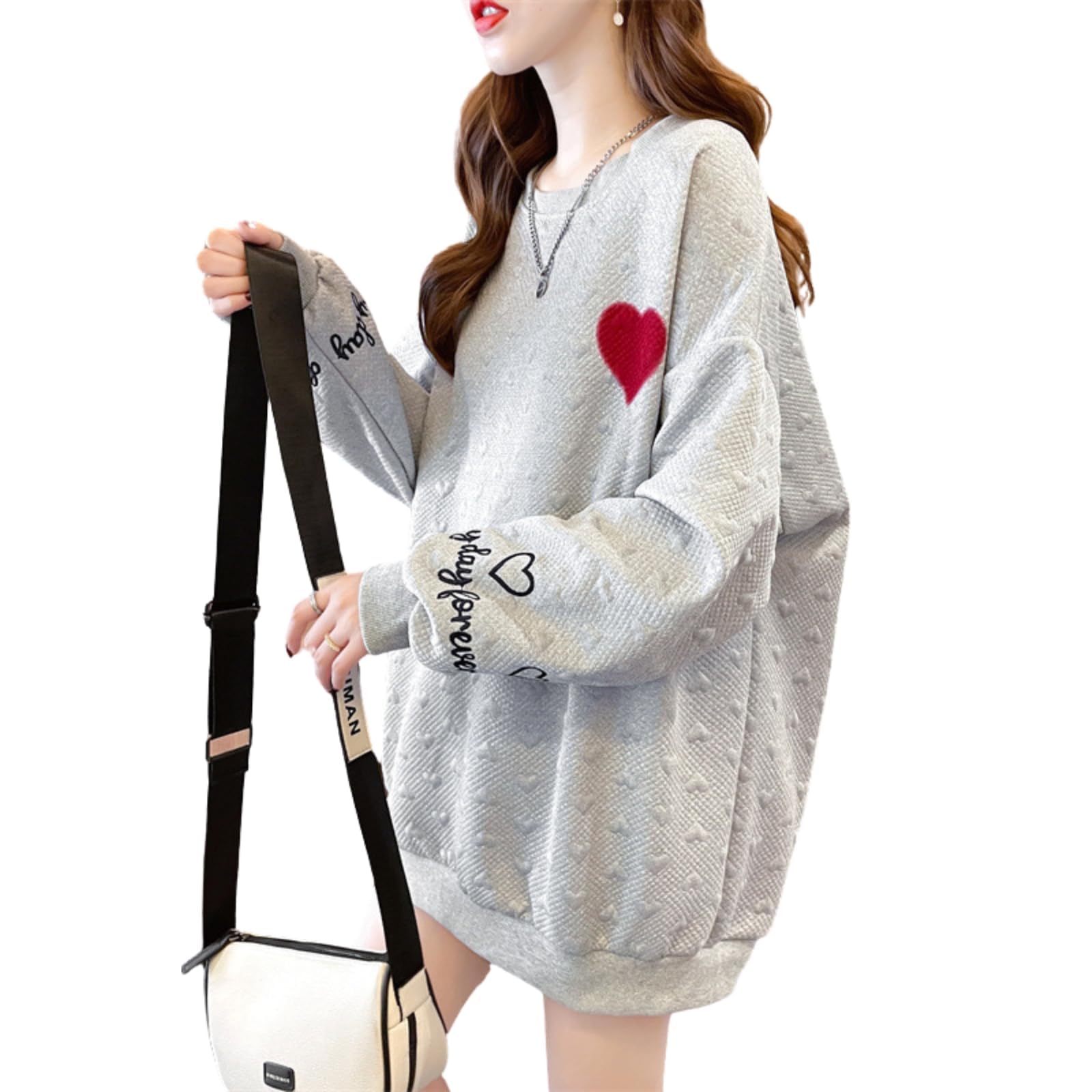 [SeiunAn] トレーナー レディース パーカー スウェット プルオーバー 秋 冬 春 長袖 トップス 薄手 大きいサイズ エンボス加工 ハート柄 おしゃれ クルーネック ロンt ゆったり オーバーサイズ カジュアル かっこいい 韓国 長袖Tシャツ