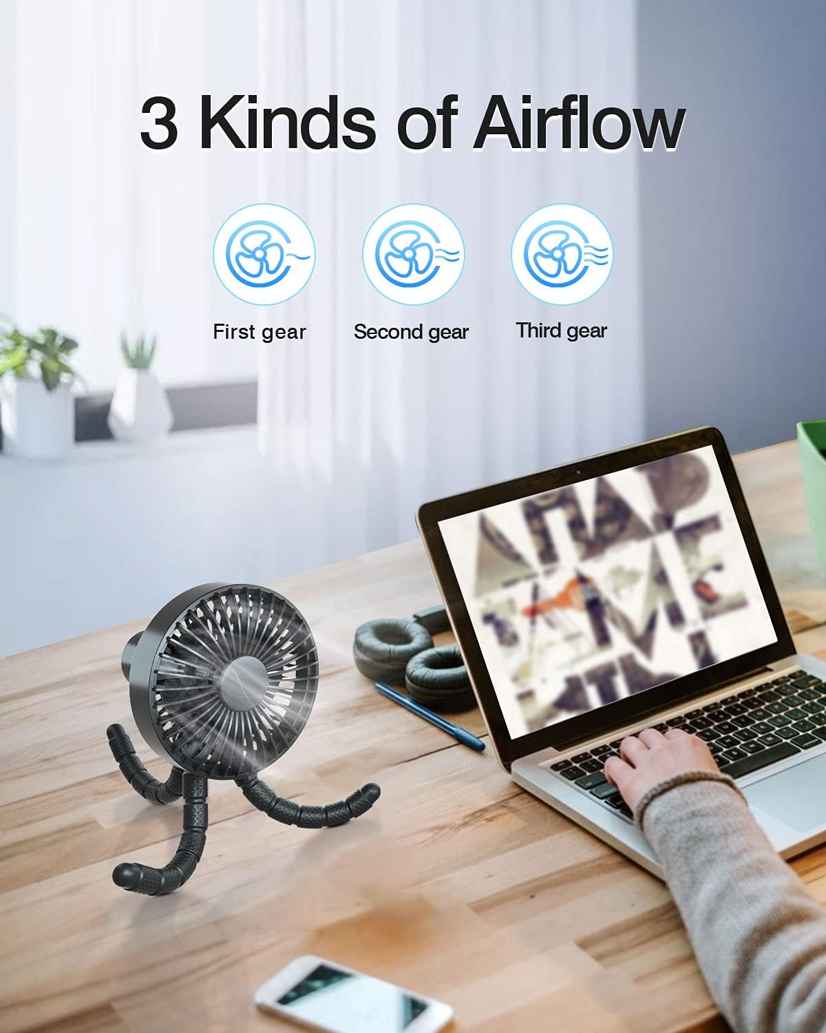 Xanland Battery Operated Portable Stroller Fan Clip on Desk Fan with 3 Speeds & Flexible Tripod, USB C Powered Handheld Baby Fan for Office Car Seat Treadmill : Baby