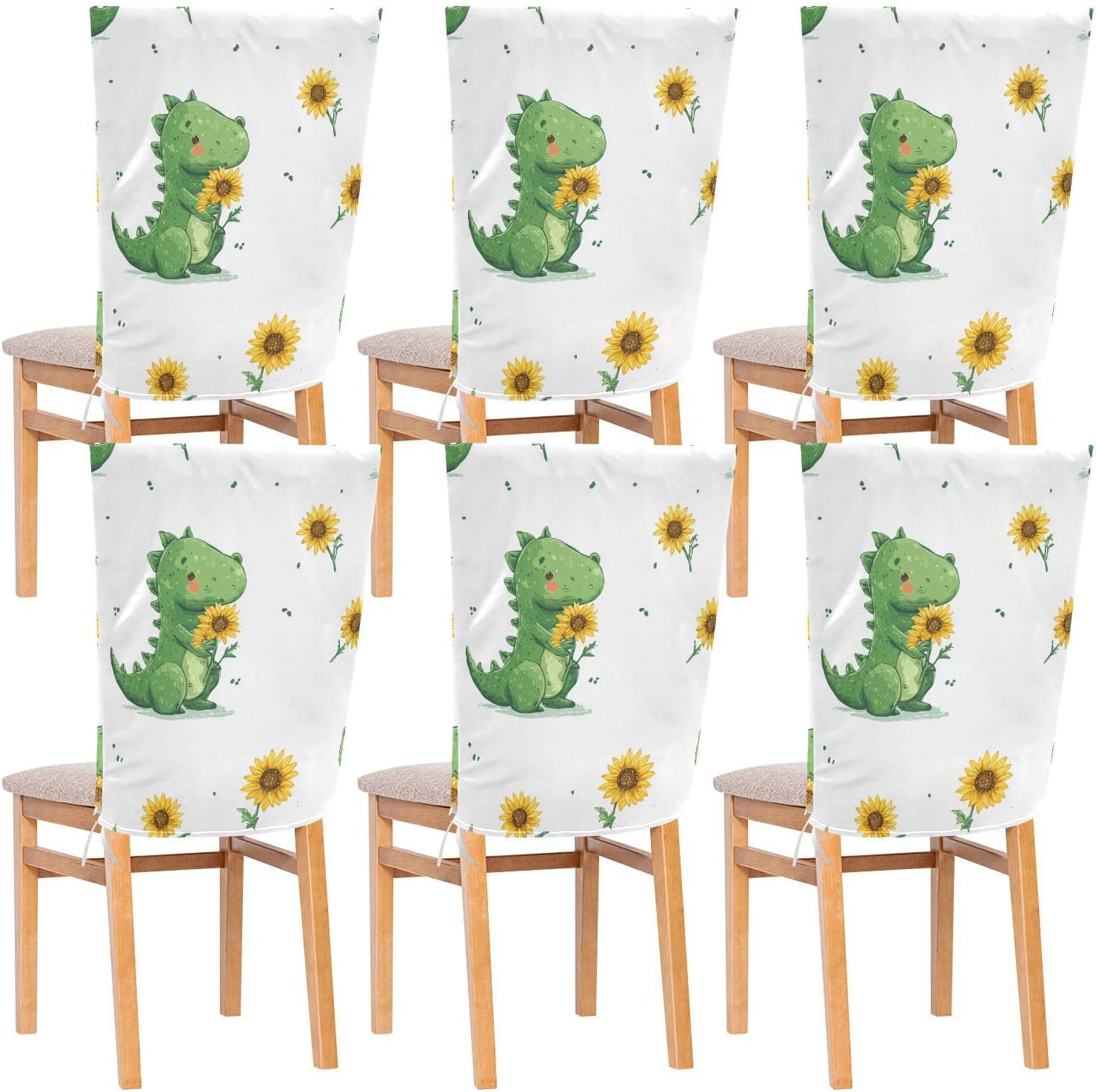 ALAZA Green Dinosaur Sunflowers Chair Back Cover Set of 6, Washable Reusable Removable Chair Slipcovers Decorative Chair Cover for Home Kitchen Wedding Party