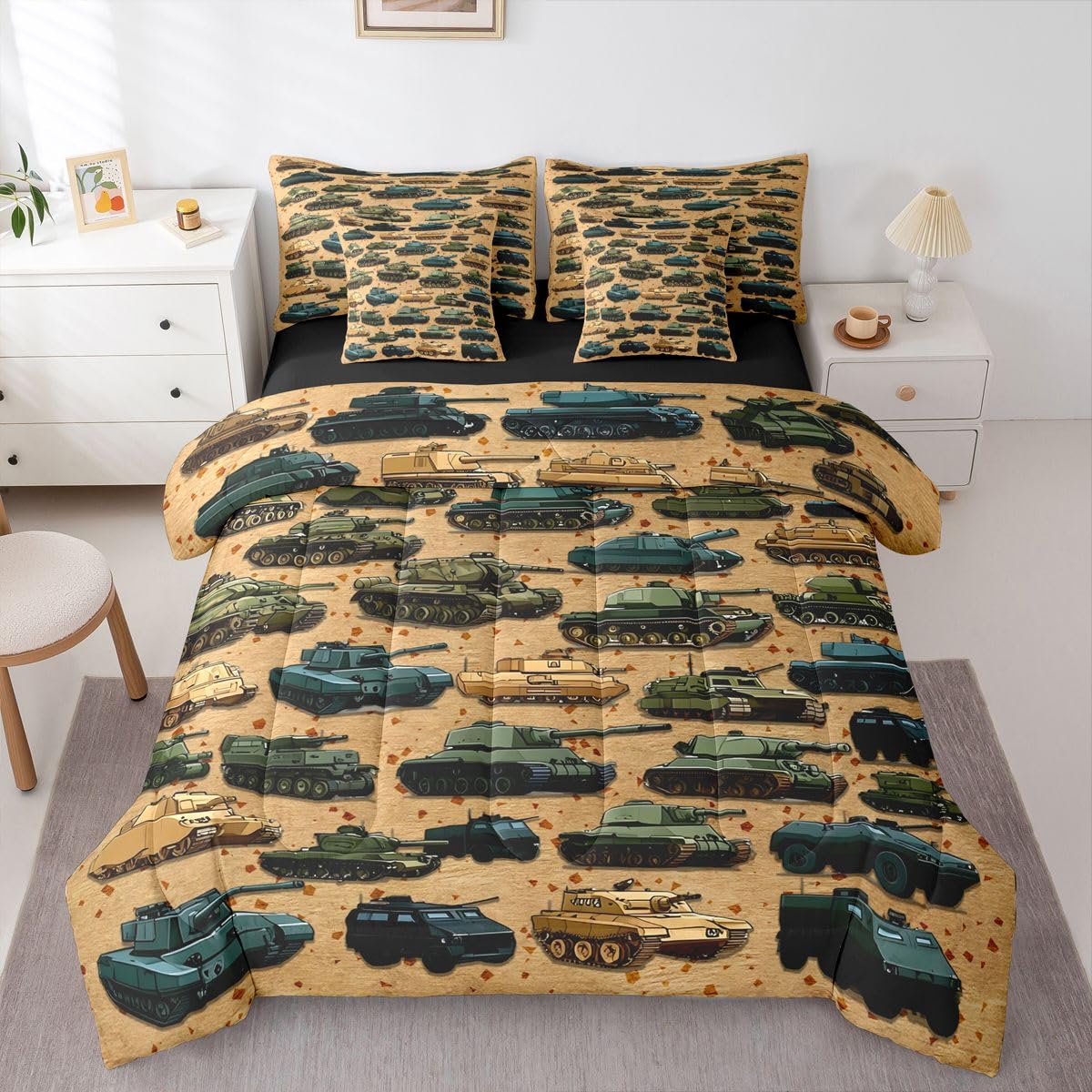 Erosebridal Tanks Brown Green Vintage Full Comforter Set 7 Pieces