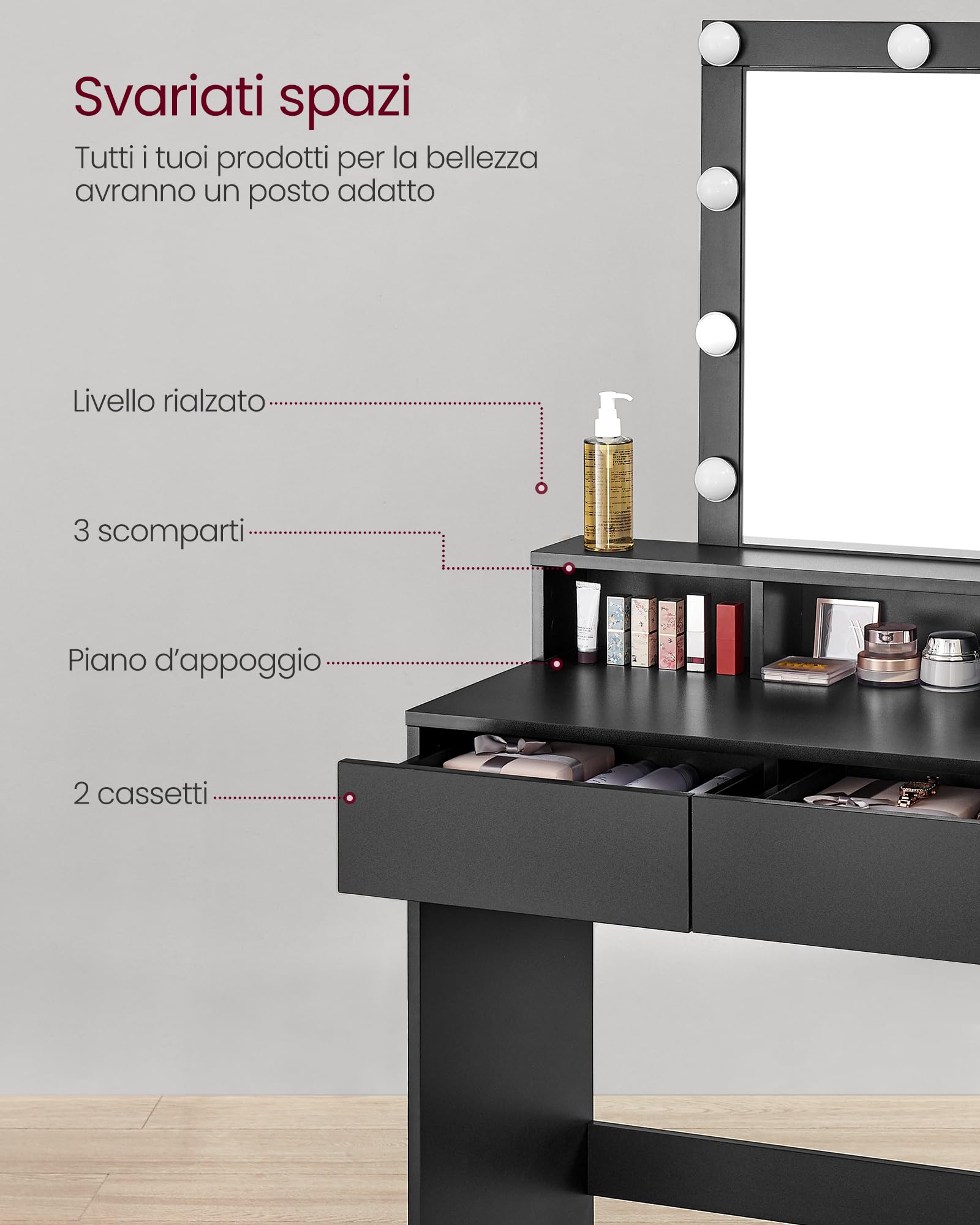 VASAGLE KAILYN Collezione - Toeletta, Luce LED con Luminosità Regolabile, Tavolo da Trucco con Specchio, 2 Cassetti e 3 Scomparti, Postazione Trucco, Moderno, Nero RDT114T16