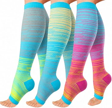 3 Pack Copper Compression Socks for Women&Men 20-30mmHg Open Toe Knee High Support Socks for Varicose Vein Running