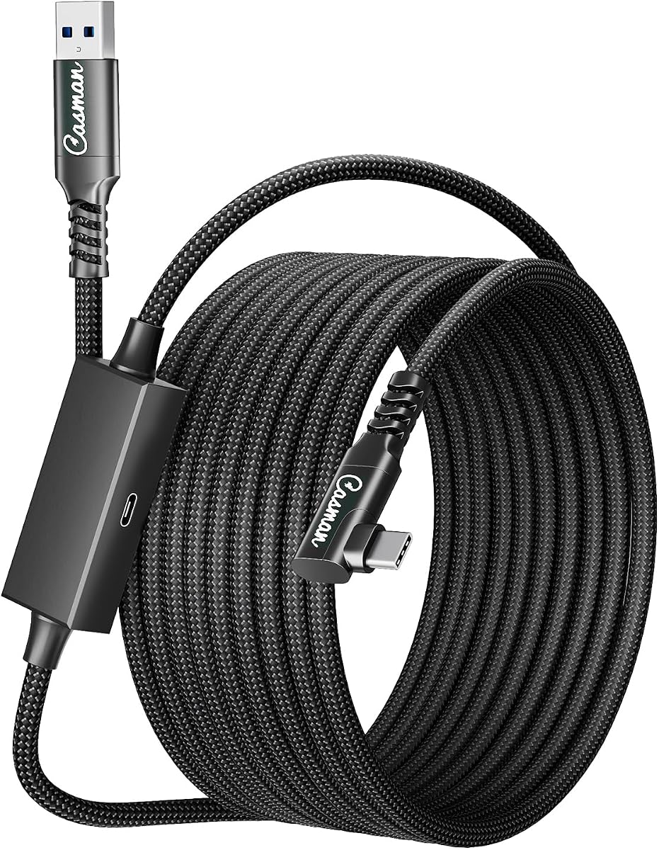 Cable VR Link de 16 pies para Meta Quest 3S/3/2/Pro&Pico 4, cable de carga USB C máximo de 60 W con PD 3.0, datos de alta velocidad de 5 Gbps, conexión de PC USB 3.2 Gen 2, trenzado de nailon, reproducción mientras se carga, sin desconexión
