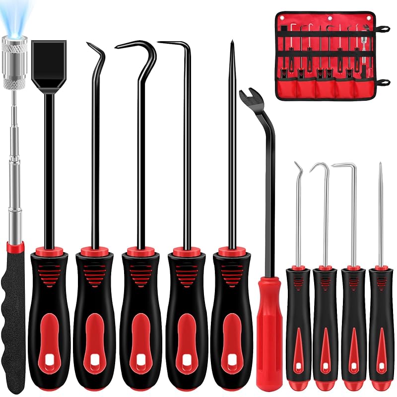 Kit de Ferramentas de Gancho e Saca O-Ring Etre Jeune para Mecânica Automotiva Vermelho com 11 Peças