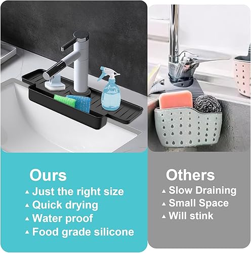 Miniatura 7 de Protector de salpicaduras de silicona para fregadero de cocina, bandeja de recogedor de agua mejorada para grifo, 15.75 x 5.5 x 2 pulgadas,