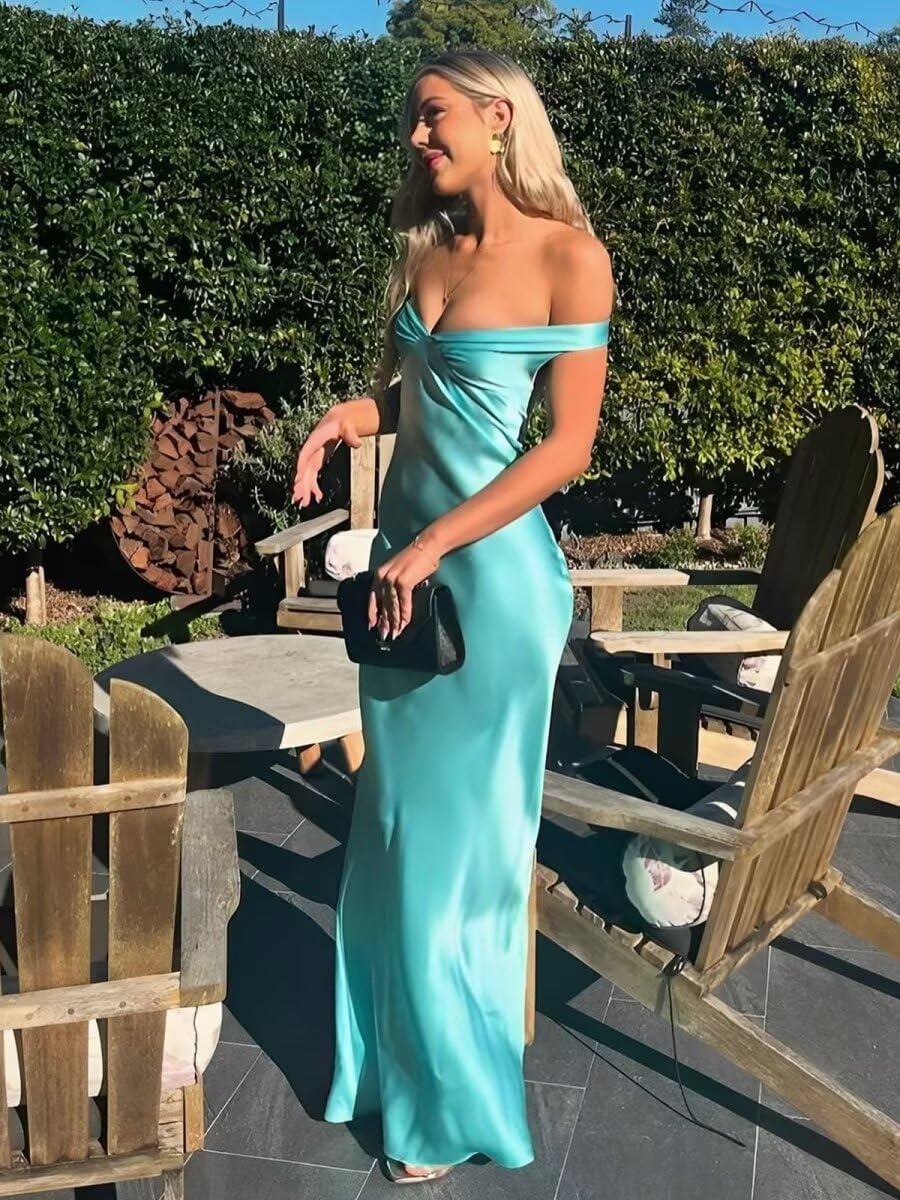 Off Shoulder Prom Dress V Neck Backless Cocktail Party Dresses Satin Long Evening Gown with Slit