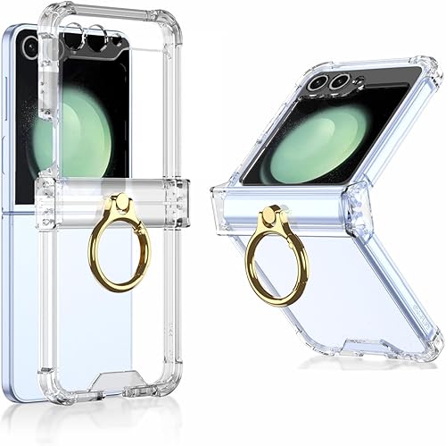 QLTYPRI Funda para Samsung Galaxy Z Flip 5 con protección de bisagra, delgada y suave funda transparente con soporte de anillo con soporte de anillo