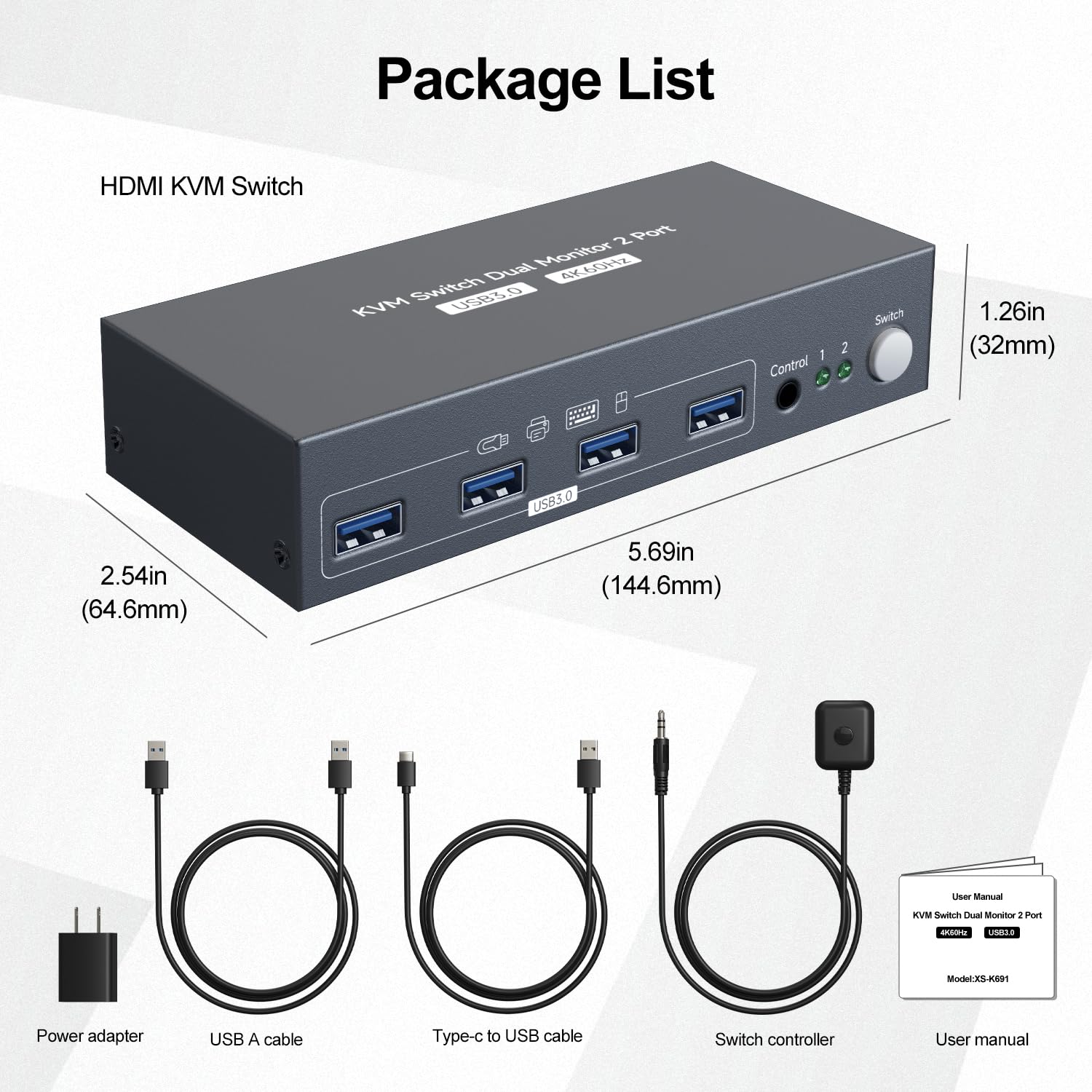 HDMI KVM Switch 2 Monitors 2 Computers 4K@60Hz, Dual Monitor for 2 PC/Laptops, 4 USB 3.0, EDID Adaptive, Desktop Controller (2USB Cables & 1Power Adapter Included)