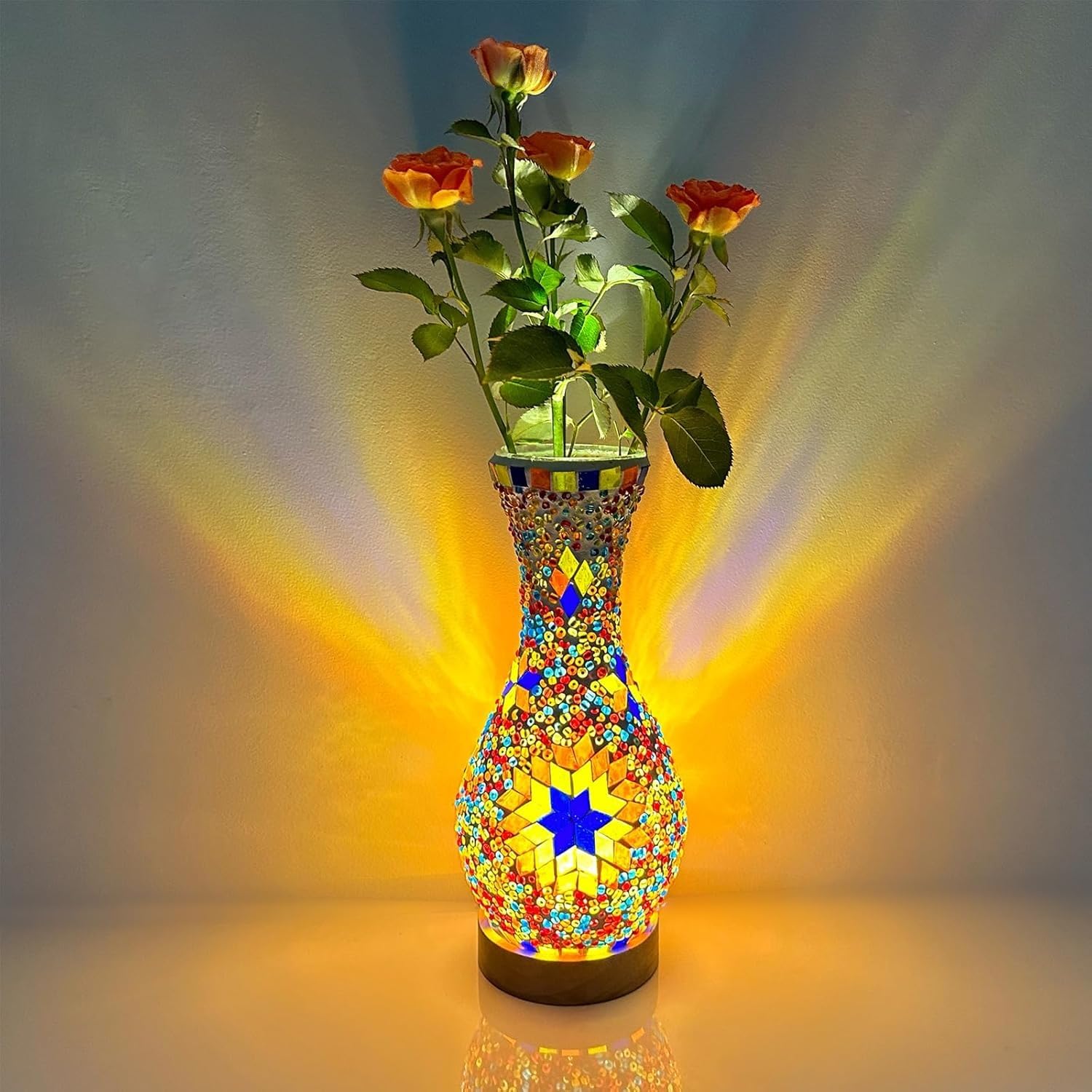 Maimeili Retro Turkish Mosaic Vase Lamp Turkish Moroccan Table Lamp Colorful Handmade Glass Vase with Wood Base for Flowers USB Charge Decor Light for Bedroom Ambient Living Room Farmhouse