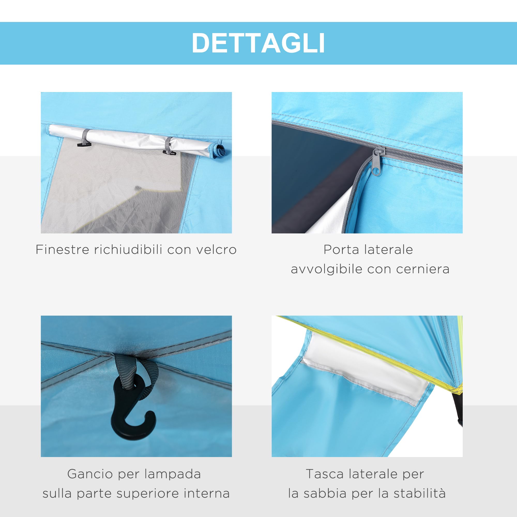 Outsunny Tenda da Spiaggia con Finestre Richiudibili e Porta a Cerniera, 220x173x120 cm