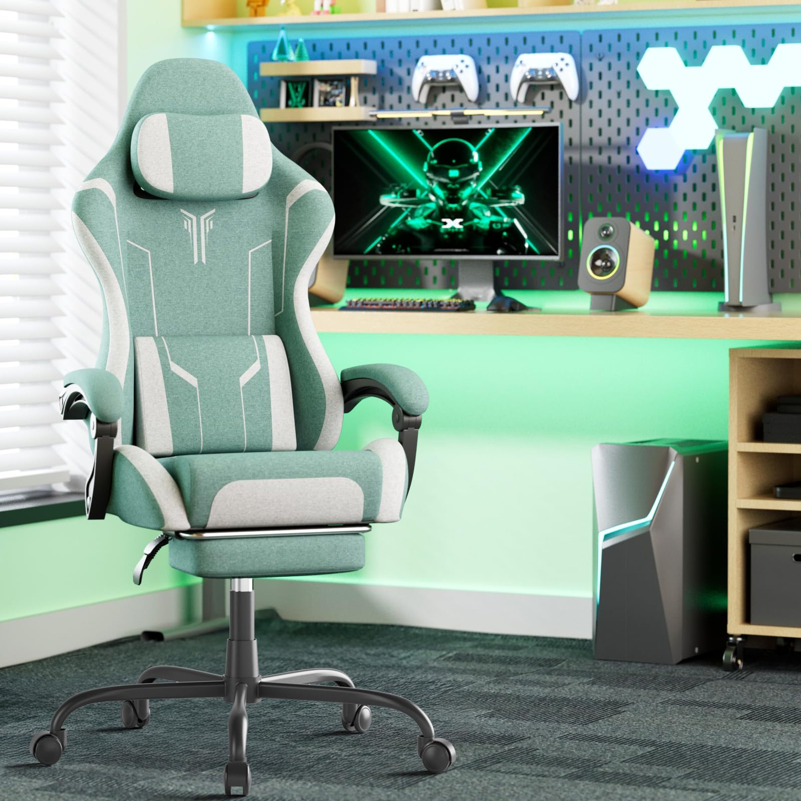 Chaise de Gaming Ergonomique avec Fonction Massage, Repose-Pieds, Oreiller Amovible, accoudoirs intégrés, Charge maximale : 110 kg, Chaise PC, pour Bureau et Maison, Verte