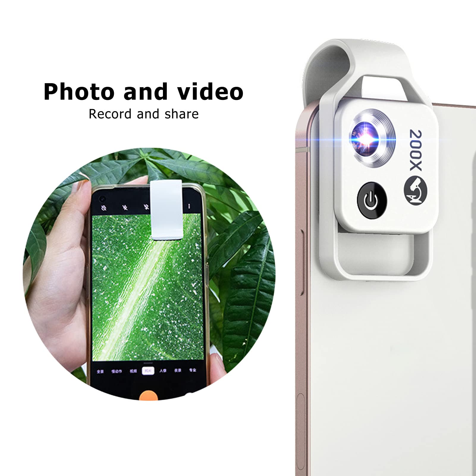 Mini Microscopio de Bolsillo para Teléfono 200X con Luz LED y CPL, Clip Universal para Teléfono, Microscopio Portátil para Teléfono para Niños y Adultos, para Teléfonos iOS y