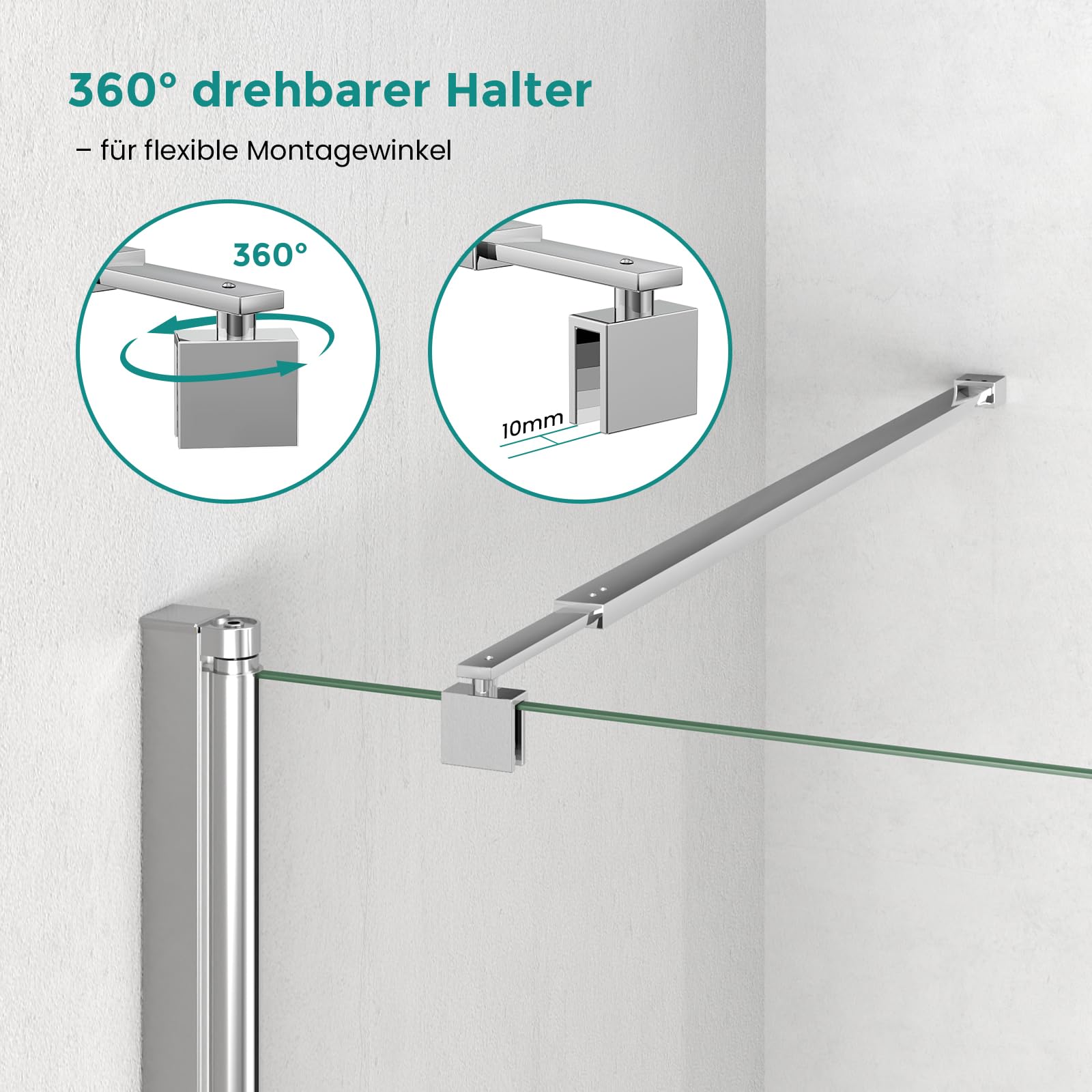 EMKE Stabilisierungsstange Dusche Verstellbar 70-120 cm, 360° Drehbar Duschwand Stabilisator, Haltestange Duschabtrennung für 8-10mm Glasstärke