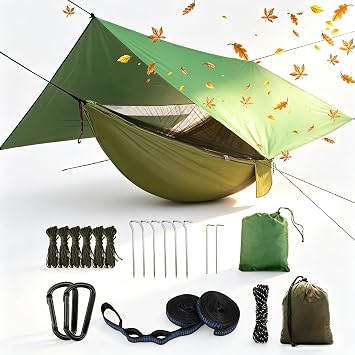 Oversized rain Tarpaulin,Camping Hammock with Mosquito Net Rain Fly Heavy Duty Tree Strap,Single Double Hammock Tent Waterproof Rainfly Set,Camping Backpacking Backyard Patio Hiking Travel Outdoor