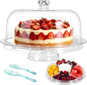 Masthome Acrylic Cake Stand with Dome,6-in-1,Send Fork Spoon | BPA-Free AS material, dishwasher safe under 55C, 12.6" display tray for cake fruit salad wedding birthday party