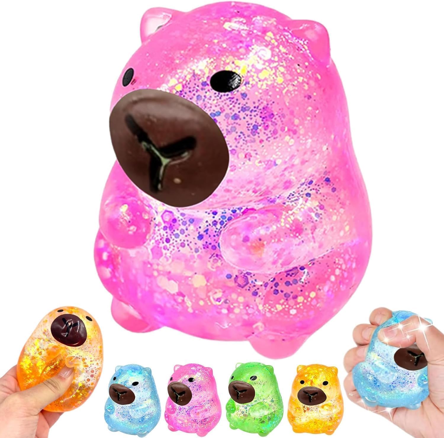 Glitter Capybara Squishies Fidget Toy – Soft Sensory Stress Ball, Cute Glitter Capybara Figurine, Portable Stress Relief Toy for Adults (1 Pink)