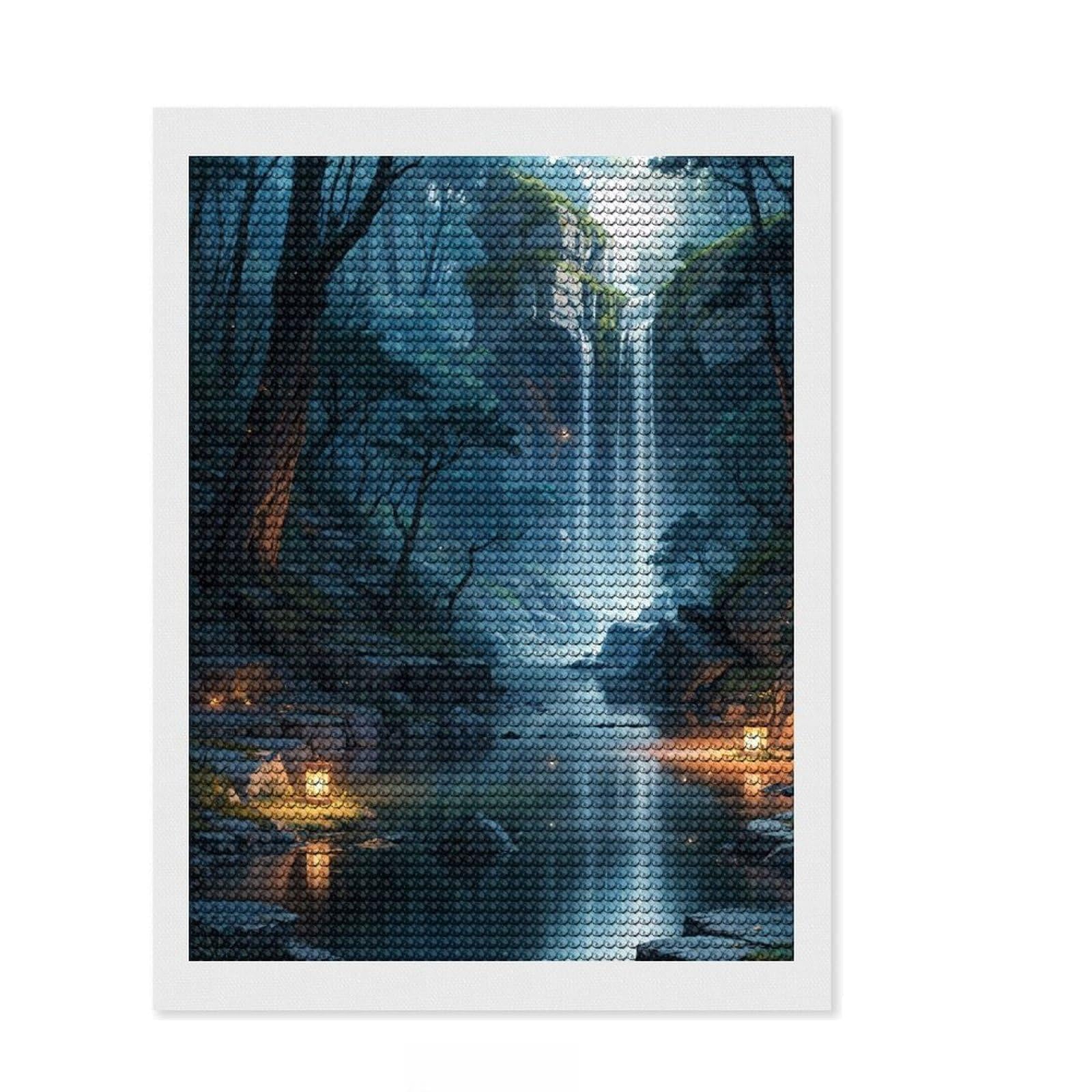 Junmoney Waterfall in Forest Nature Diamond Painting Canvas Kit 12"x16", Christmas Gift, for Women, with Tool Kit, Relaxing Handmade Project