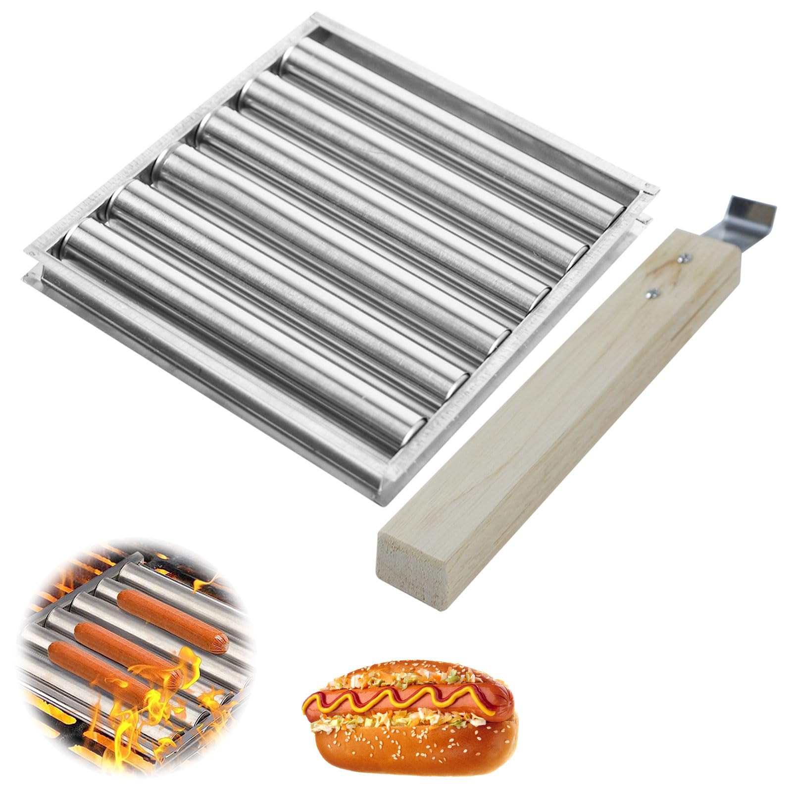 mumisuto Rullo per Hot Dog, Griglia per Salsicce BBQ, Rullo per Salsicce, Rullo per Griglia per Hot Dog con Manico in Legno Extra Lungo per Barbecue per Grigliare Uniformemente Hot Dog, Salsicce