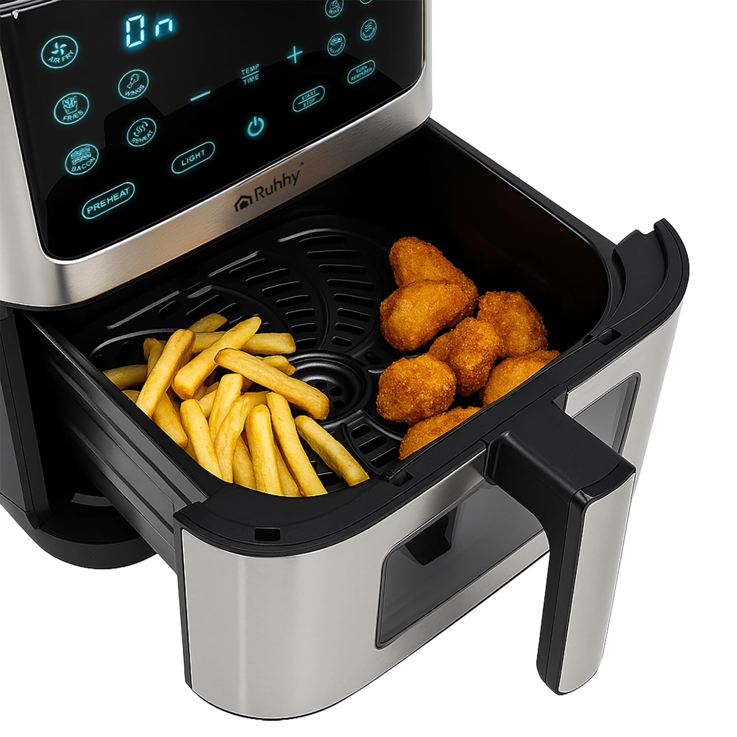 Friggitrice ad aria calda 8L XXL con rivestimento antiaderente – Frittura senza olio – Air Fryer per la famiglia, cucina sana con touchscreen e 10 programmi – RUHHY