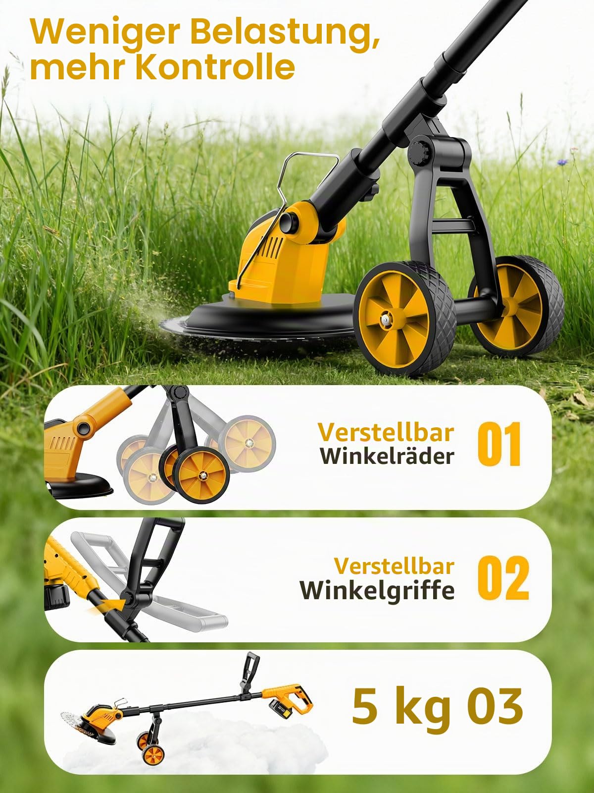 4 in 1 Akku Rasentrimmer mit Rädern,30CM Elektro Rasentrimmer mit 2 * 3000 mAh Batterie und Ladegerät,800W Bürstenloser Motor,21V Freischneider mit 4 Klingentypen für Gärten,Höfe und Gehwegkanten