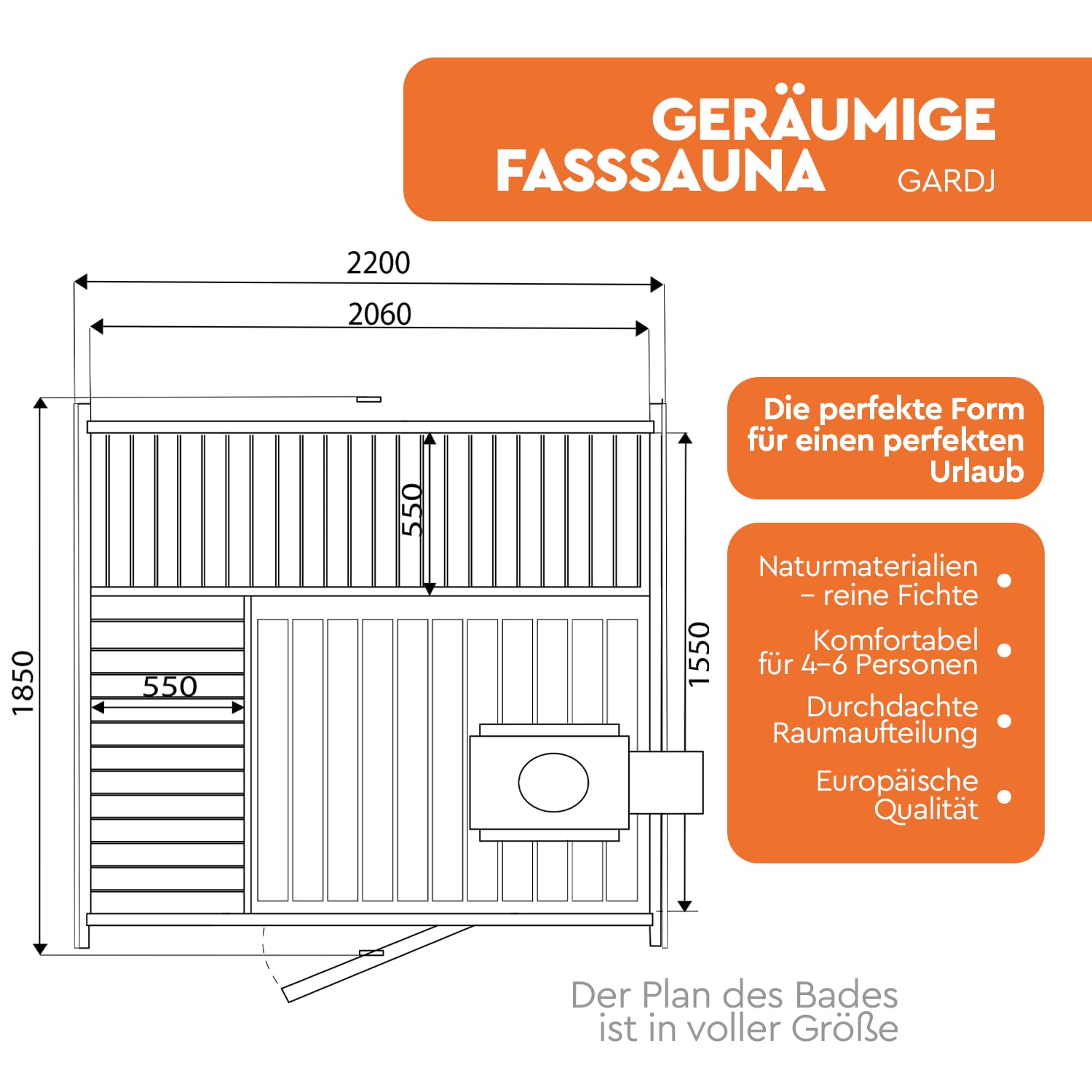 Fasssauna de jardín al aire libre de abeto nórdico – Varias tallas (2–6 personas) – Con estufa de leña o eléctrica a elección – Incluye set de accesorios (180 cm, cuadrada, estufa de leña)