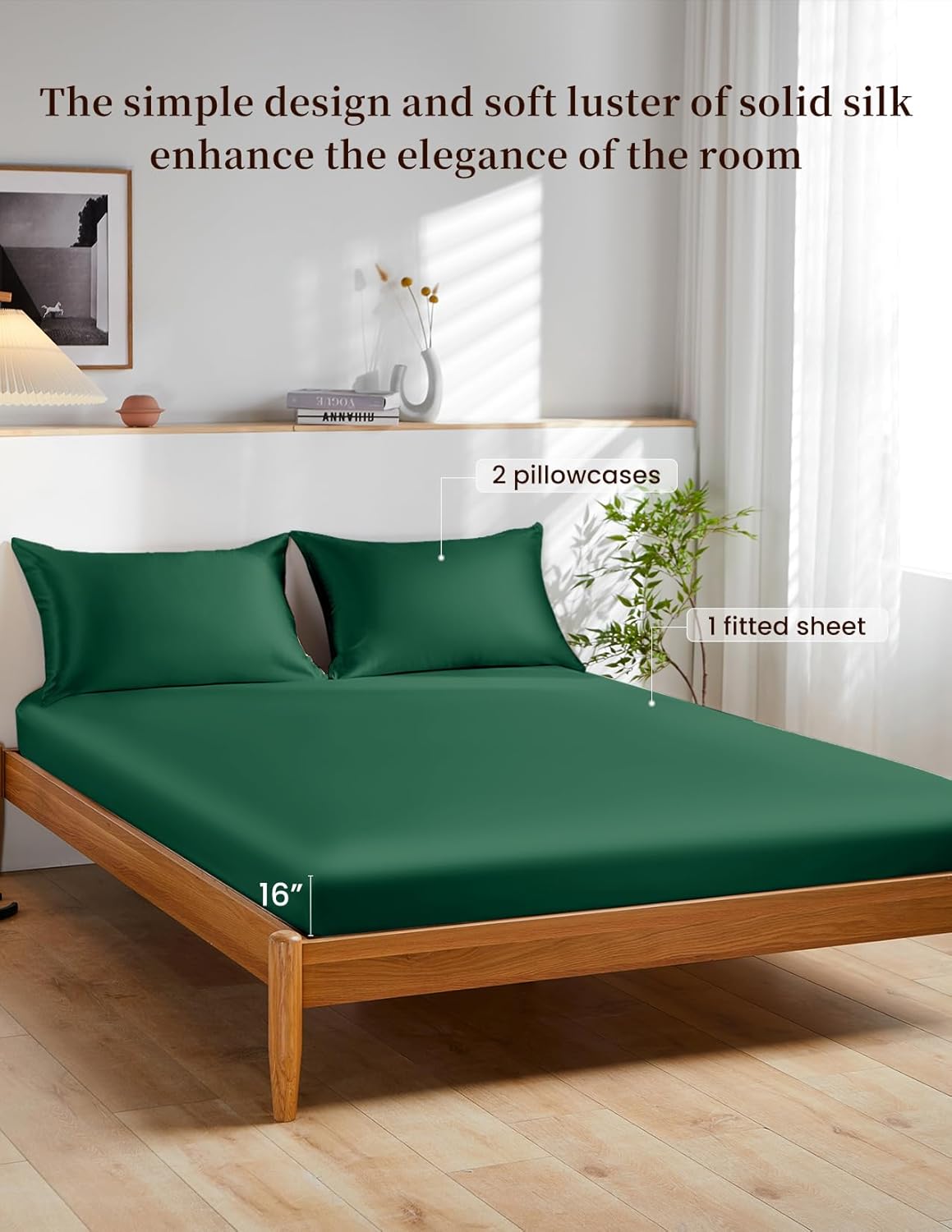 THXSILK 100% Silk Bed Sheet Set - 3pcs Pure Silk Sheet Set - 16" Deep Pocket Fitted Sheet, 2 Pack Silk Pillowcase with Zipper Closure - King Size, Emerald Green