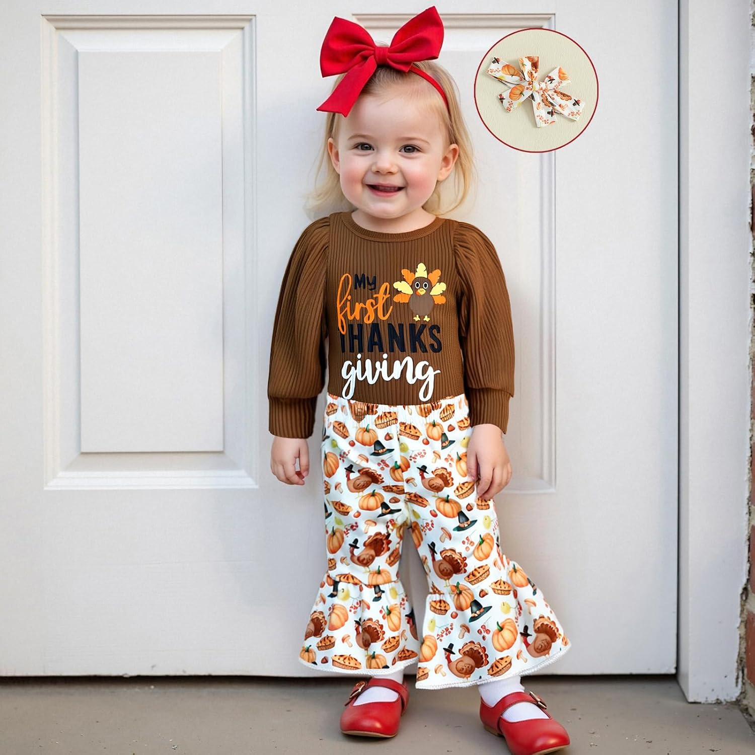 SAYOO My First Thanksgiving Baby Girl Outfit Newborn Puff Sleeve Ribbed Knit Turkey Bodysuit Flare Pant Headband Clothes - Image 2